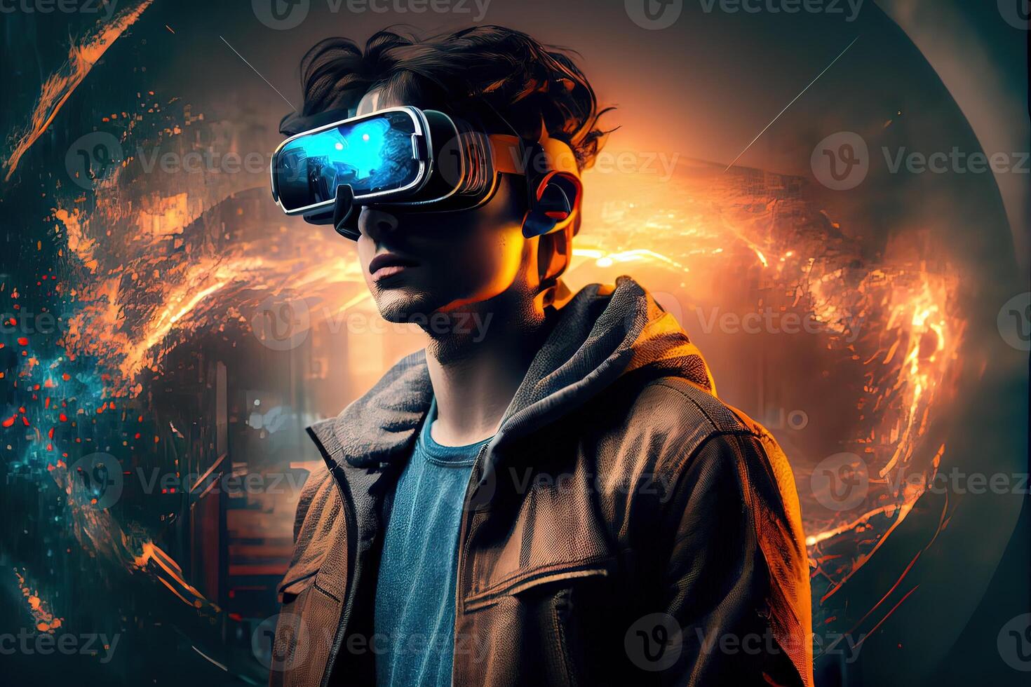 illustration of an enthusiastic young men wearing virtual reality goggles is inside the metaverse. Metaverse concept and virtual world elements. Neural network art photo