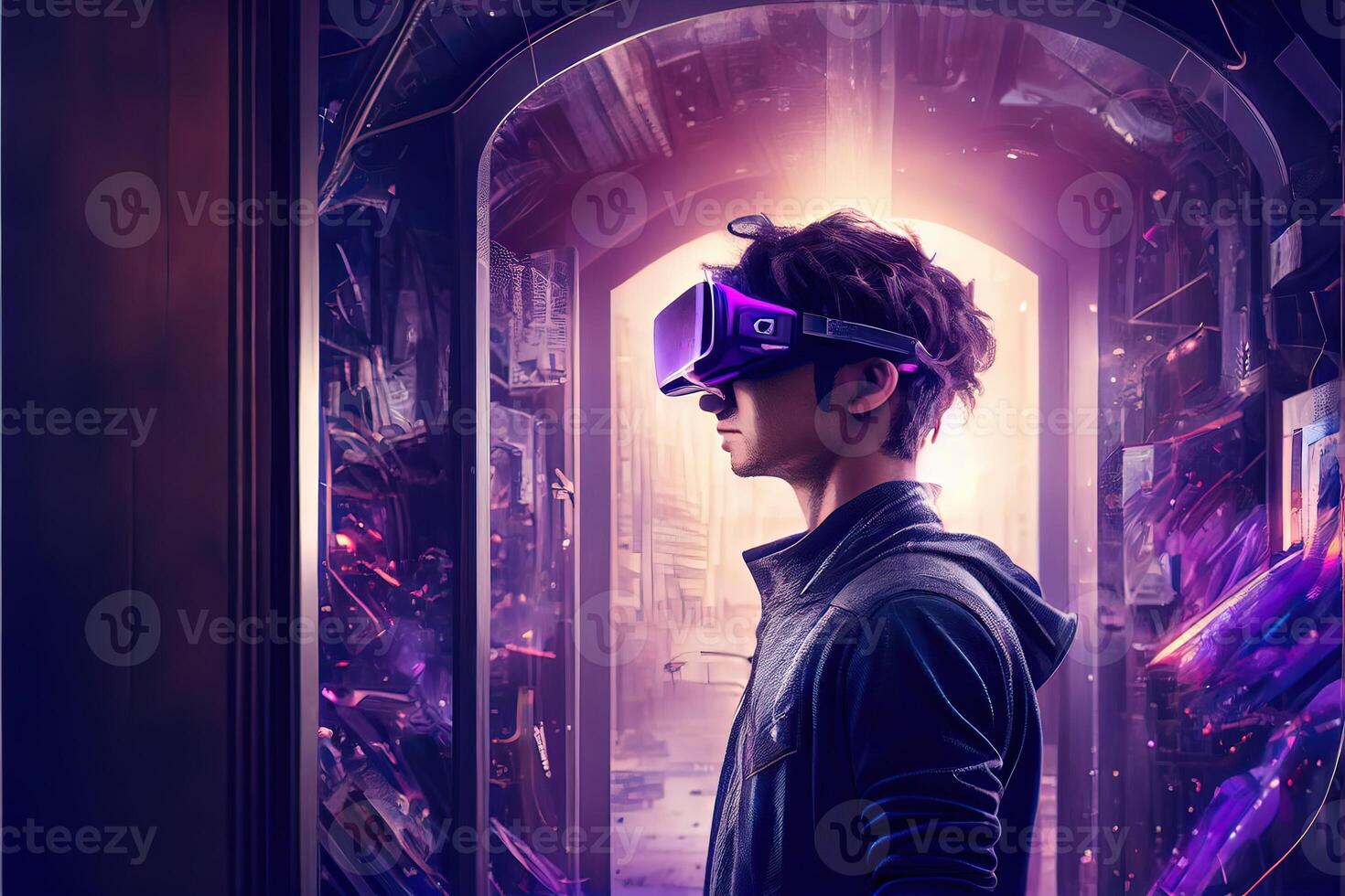 illustration of an enthusiastic young men wearing virtual reality goggles is inside the metaverse. Metaverse concept and virtual world elements. Neural network art photo