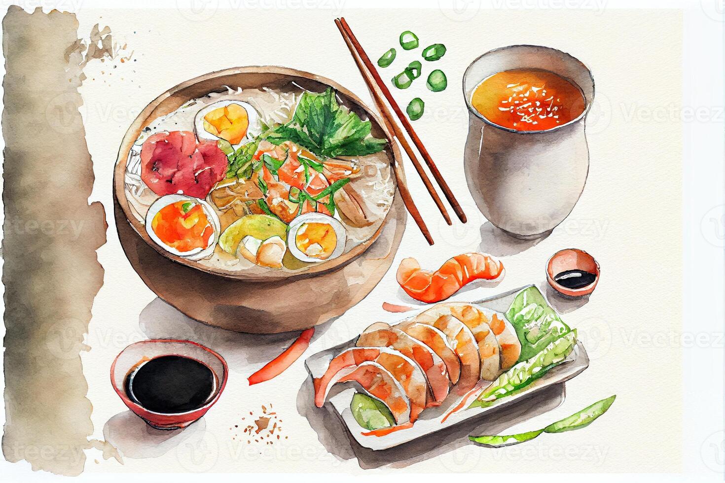 illustration of knolling japanese cuisine food, watercolor paint style, set of asian food photo