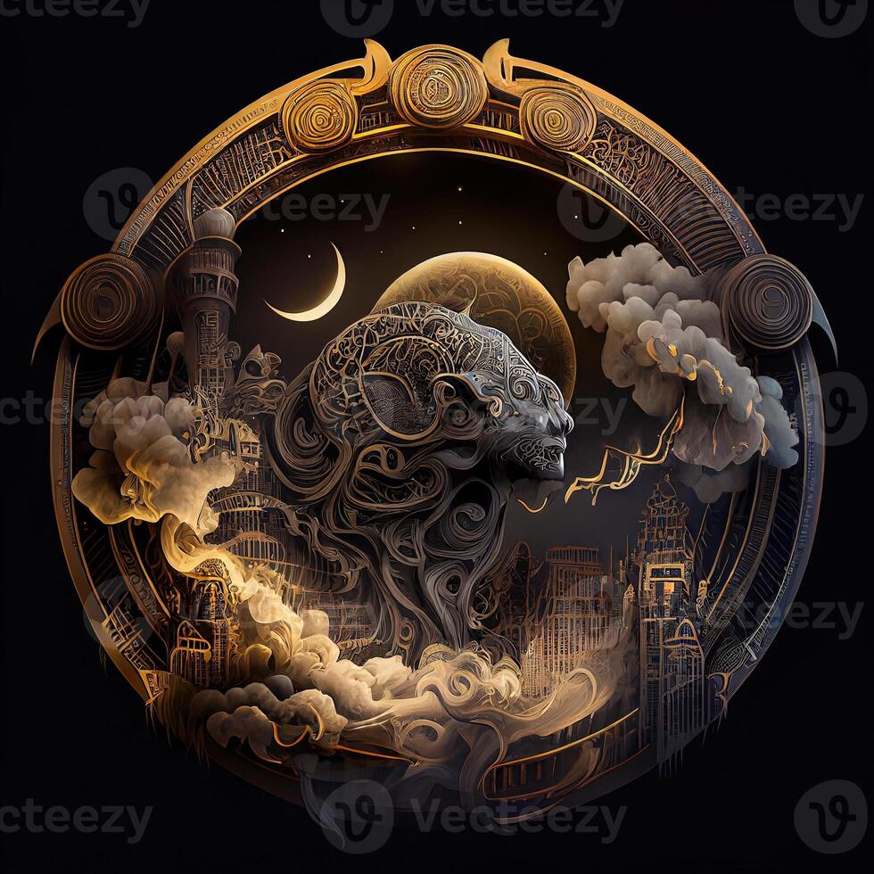 illustration of cyberpunk Zodiac sign with a industrial smoke, mechanic detail on shoulders, pollution, centered inside intricate gold and fire circle of city and Skyscrapers, steam punk photo