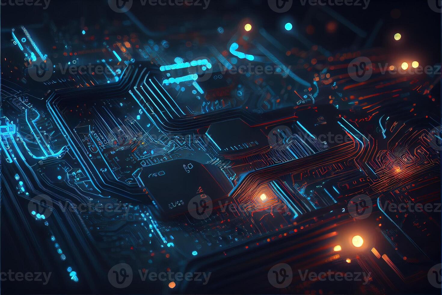 illustration of macro shot of circuit cyberspace board with computer motherboard component microchip with chip structure. Neural network generated art. photo