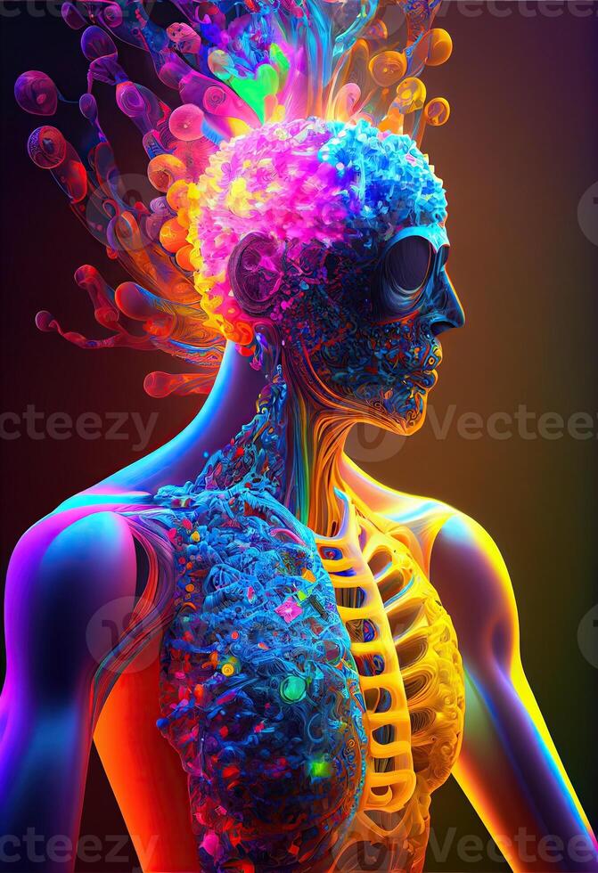 illustration of higher, yoga relax chill out dmt visions spirit. 7 colored chakras meditation DMT hallucinations. Multiverse connected through a nervous system - trippy psychedelic photo