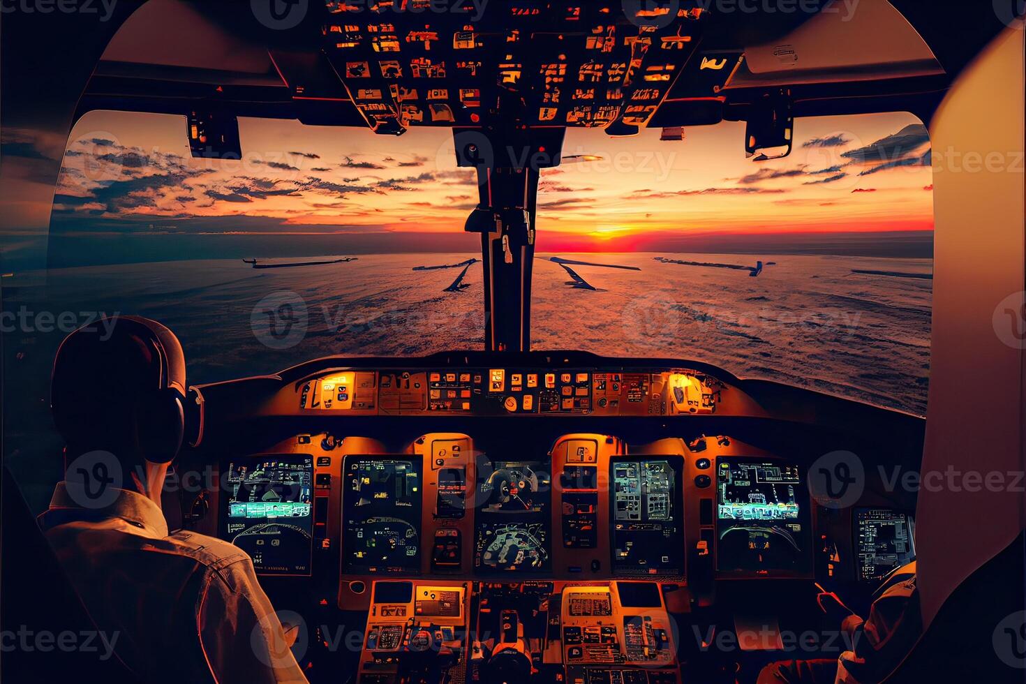 illustration of aircraft flight deck. The pilots at work. View from airplane cockpit photo