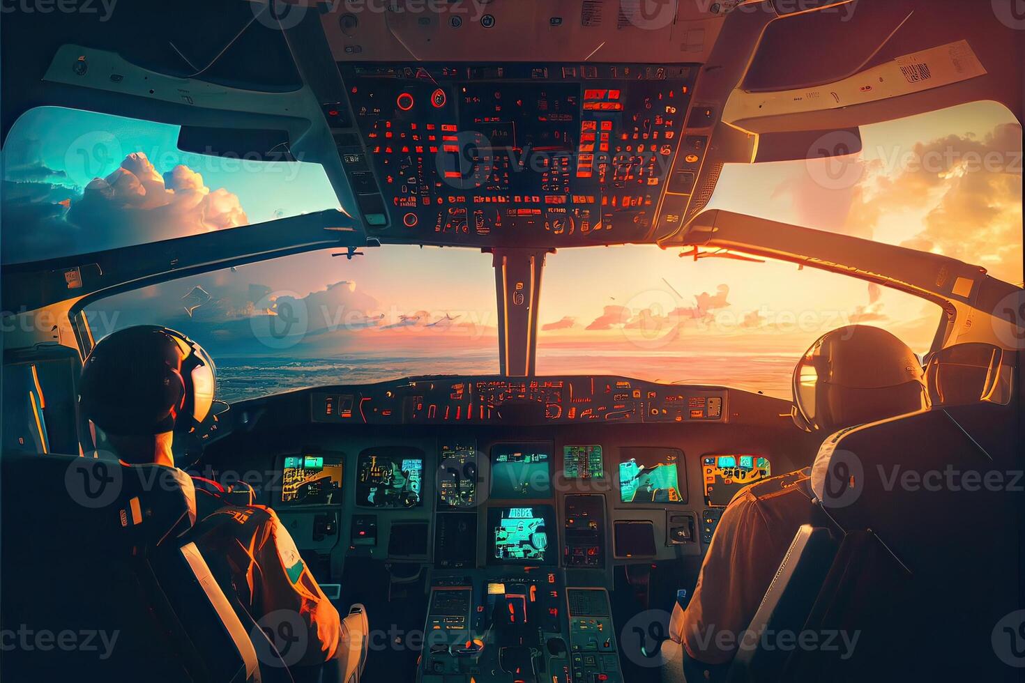 illustration of aircraft flight deck. The pilots at work. View from airplane cockpit photo
