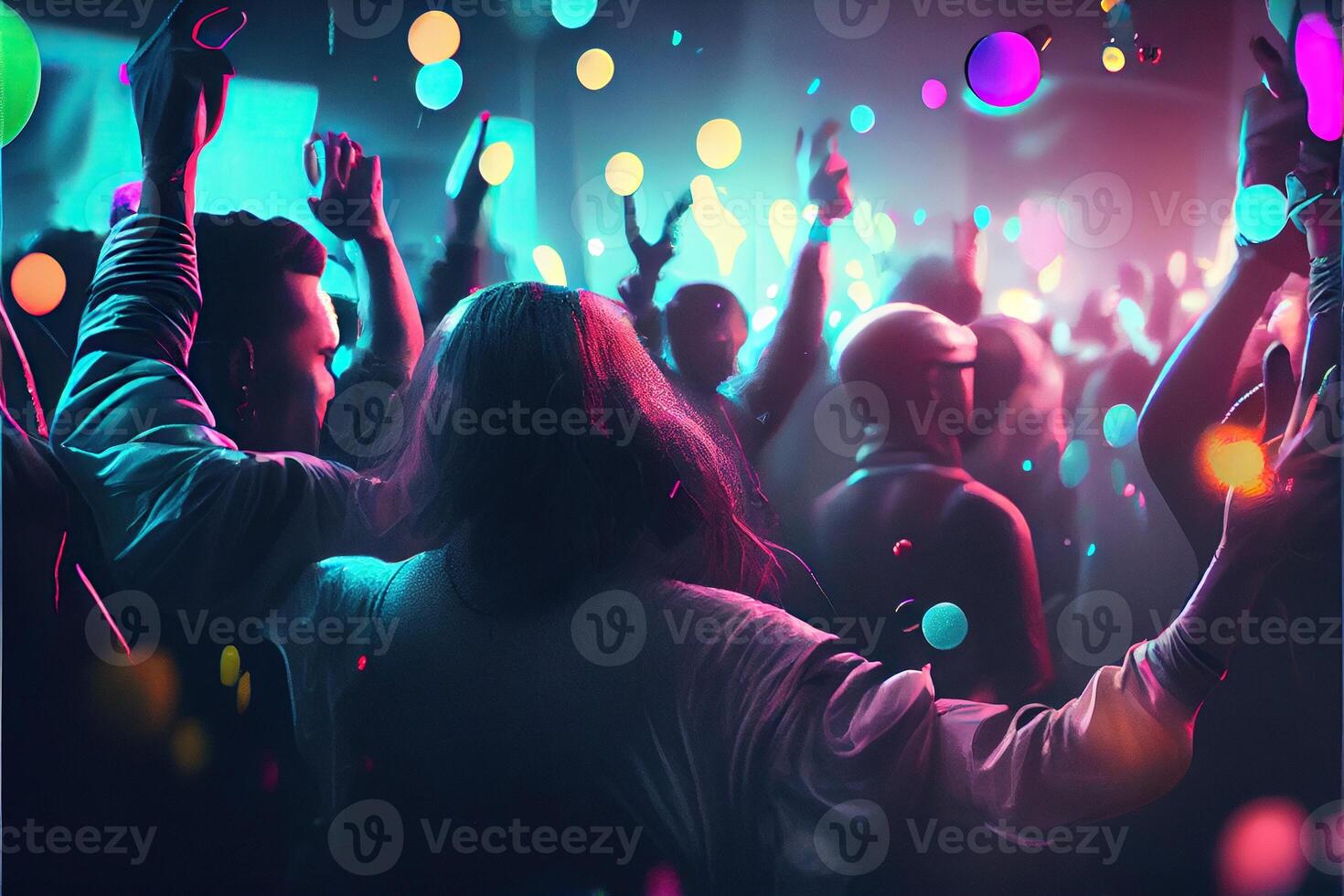 illustration of New Year's Eve party background, pop color, group of people dancing and joyful, countdown, neural network generated art. Digitally painting, generated image. photo