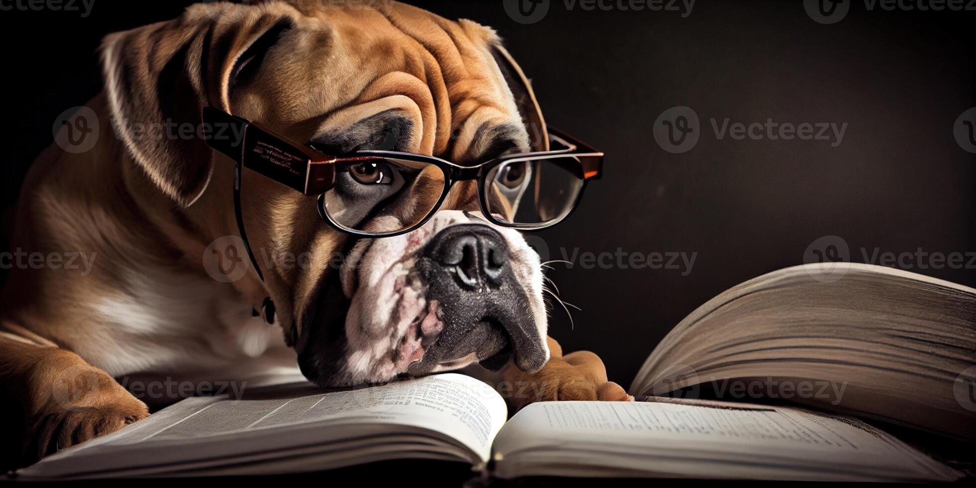 illustration of Intelligent serious dog in glasses reading a book, volumn light photo