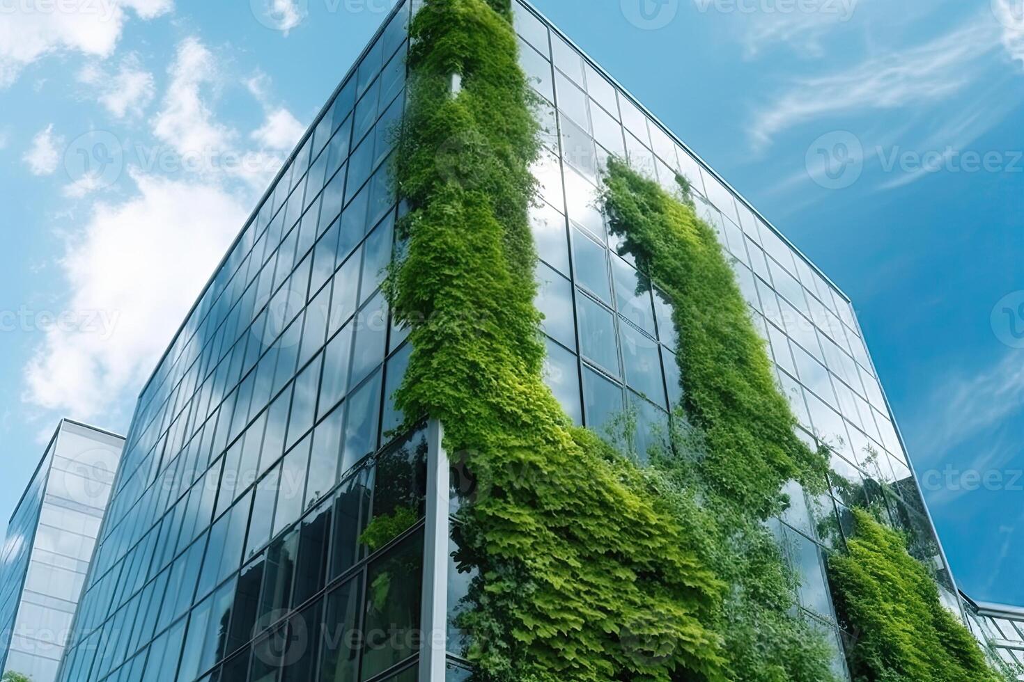 illustration of Gorgeous garden on the rooftop of a contemporary glass office building in Asia photo