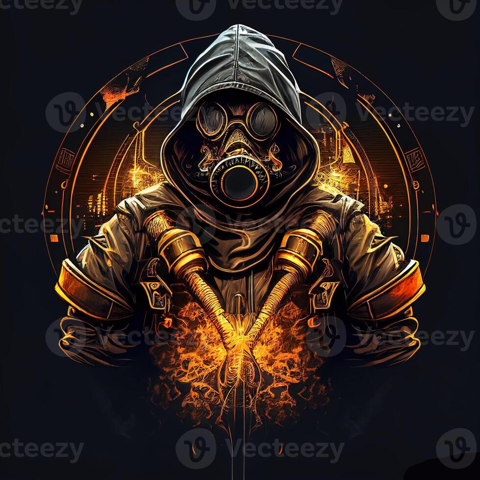 illustration of cyberpunk bio hazard protective suit with a industrial smoke, pollution, centered inside intricate gold and fire circle of city and skyscrapers photo