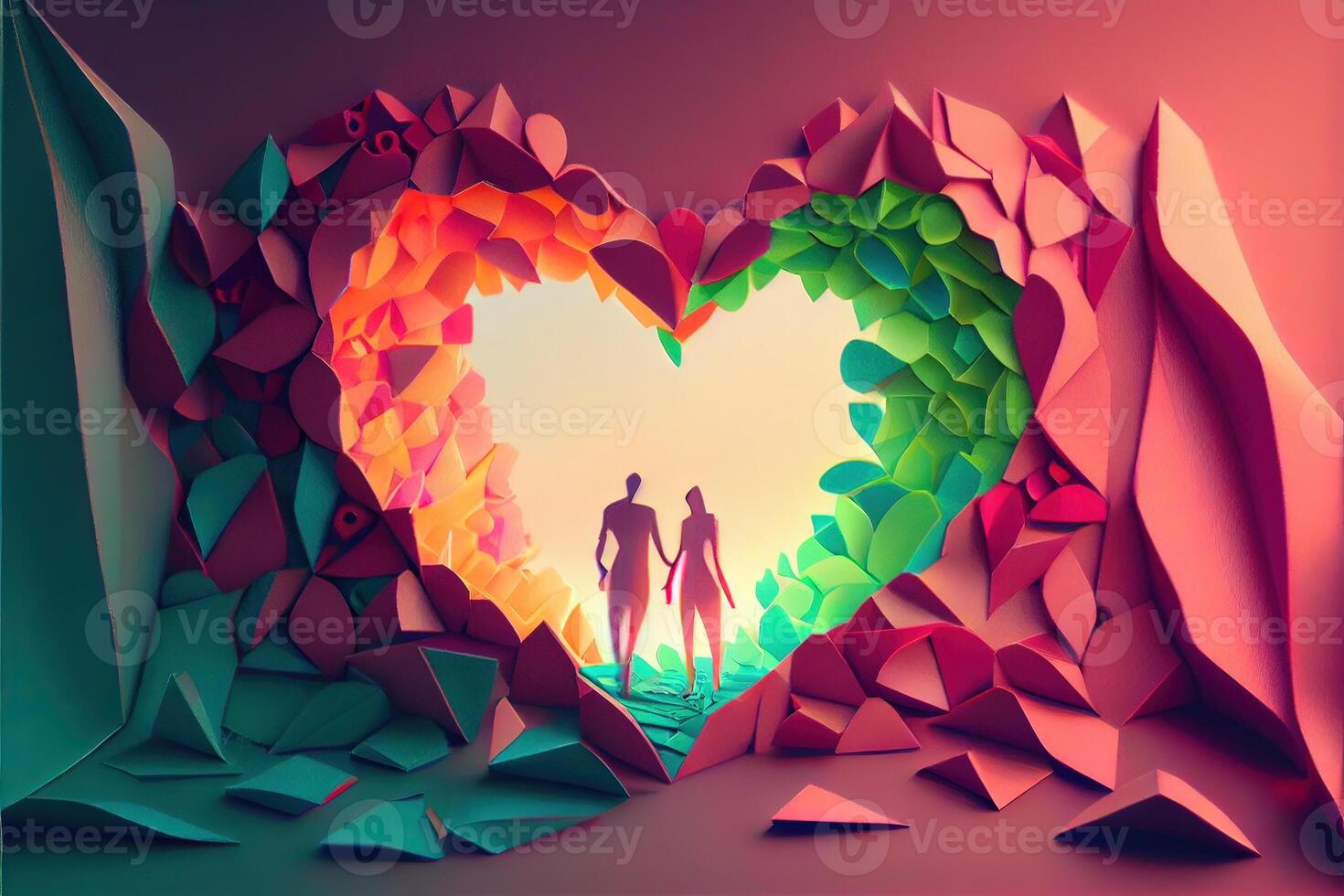 illustration of origami Valentine day background, happy couple, colorful. Paper cut craft, 3d paper style. Neural network generated art. Digitally generated image photo