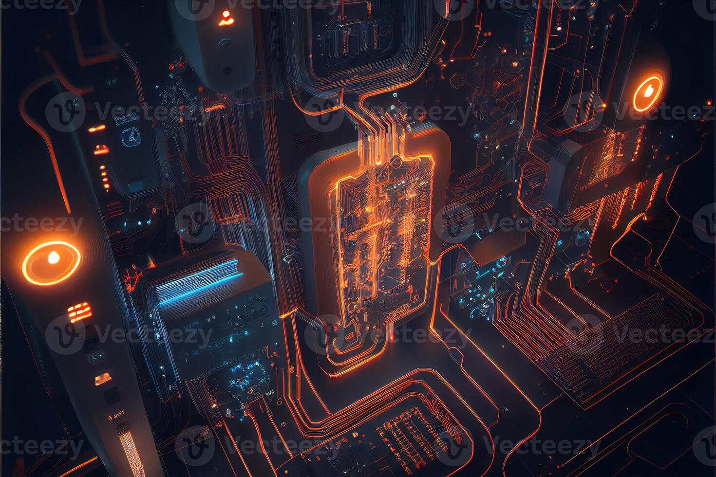 illustration of macro shot of circuit cyberspace board with computer motherboard component microchip with chip structure. Neural network generated art. photo