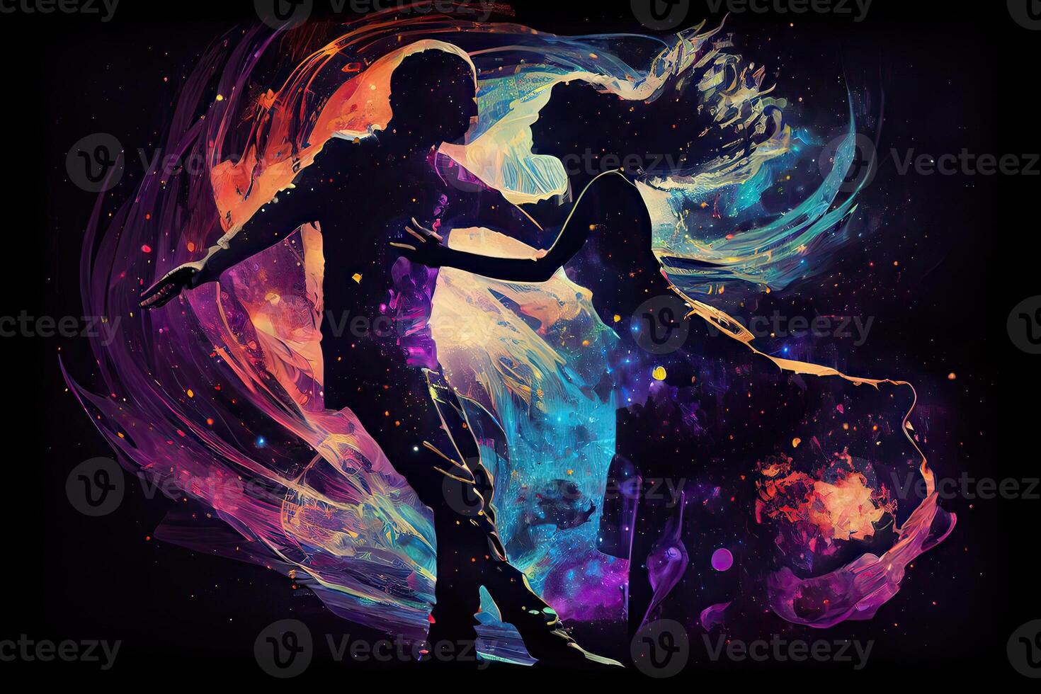 illustration of an enchanting image of two lovers dancing in a magical space background photo