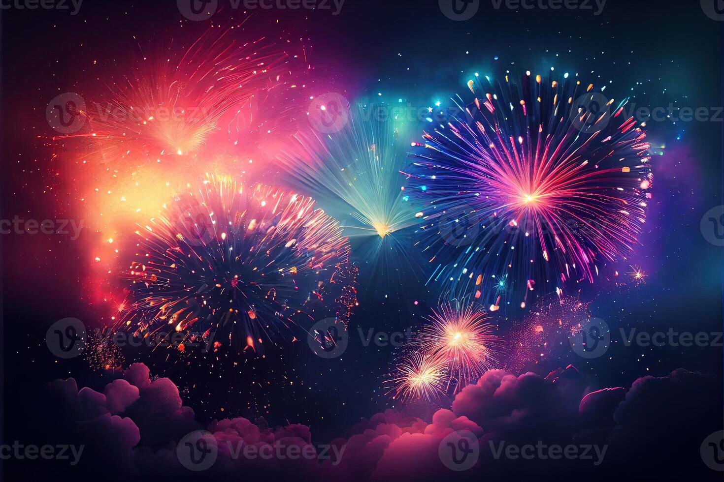 illustration of Festival fireworks. Bright crackers lights in night sky