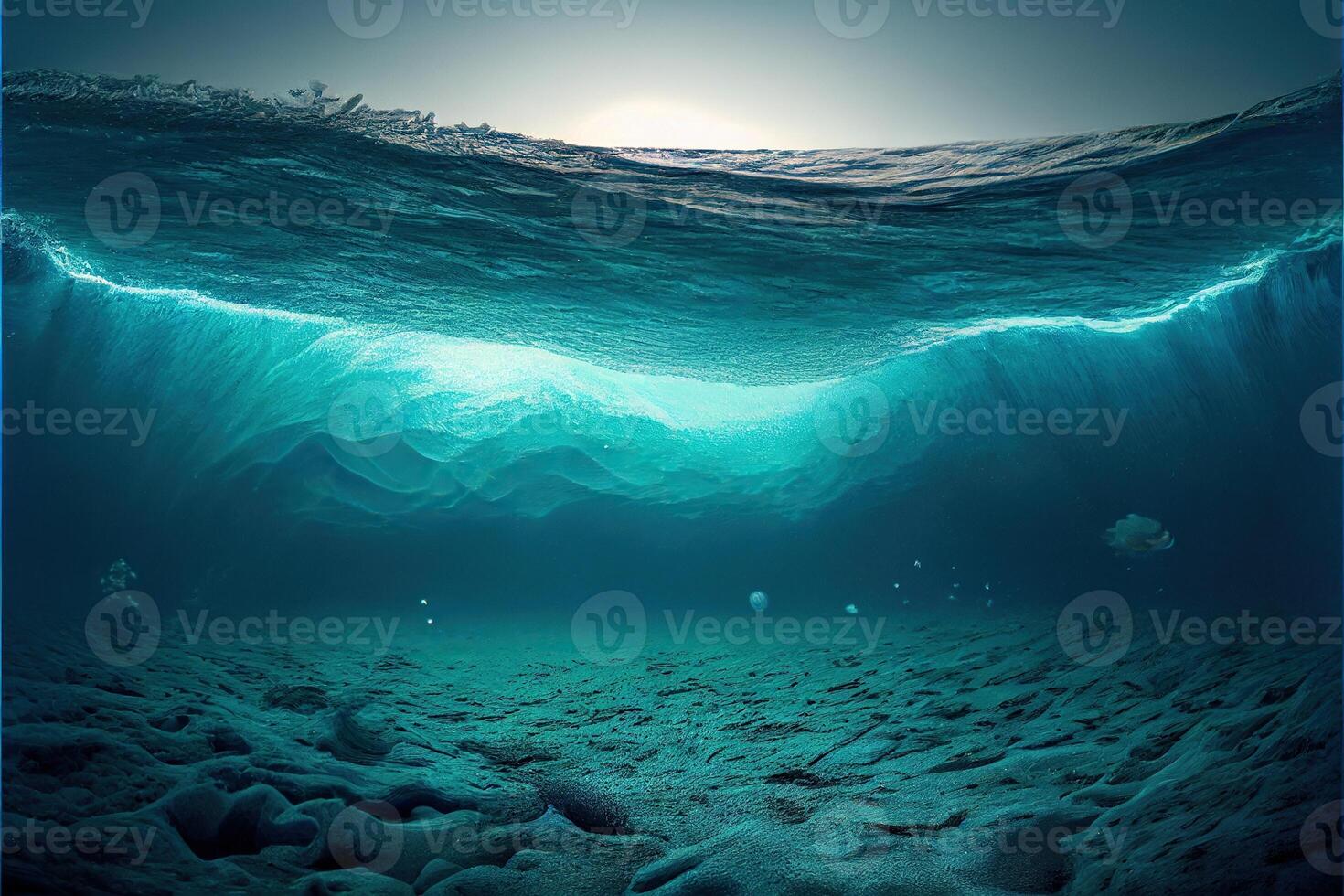 illustration of Ocean depth. Underwater empty landscape, ocean bottom, sea wave photo