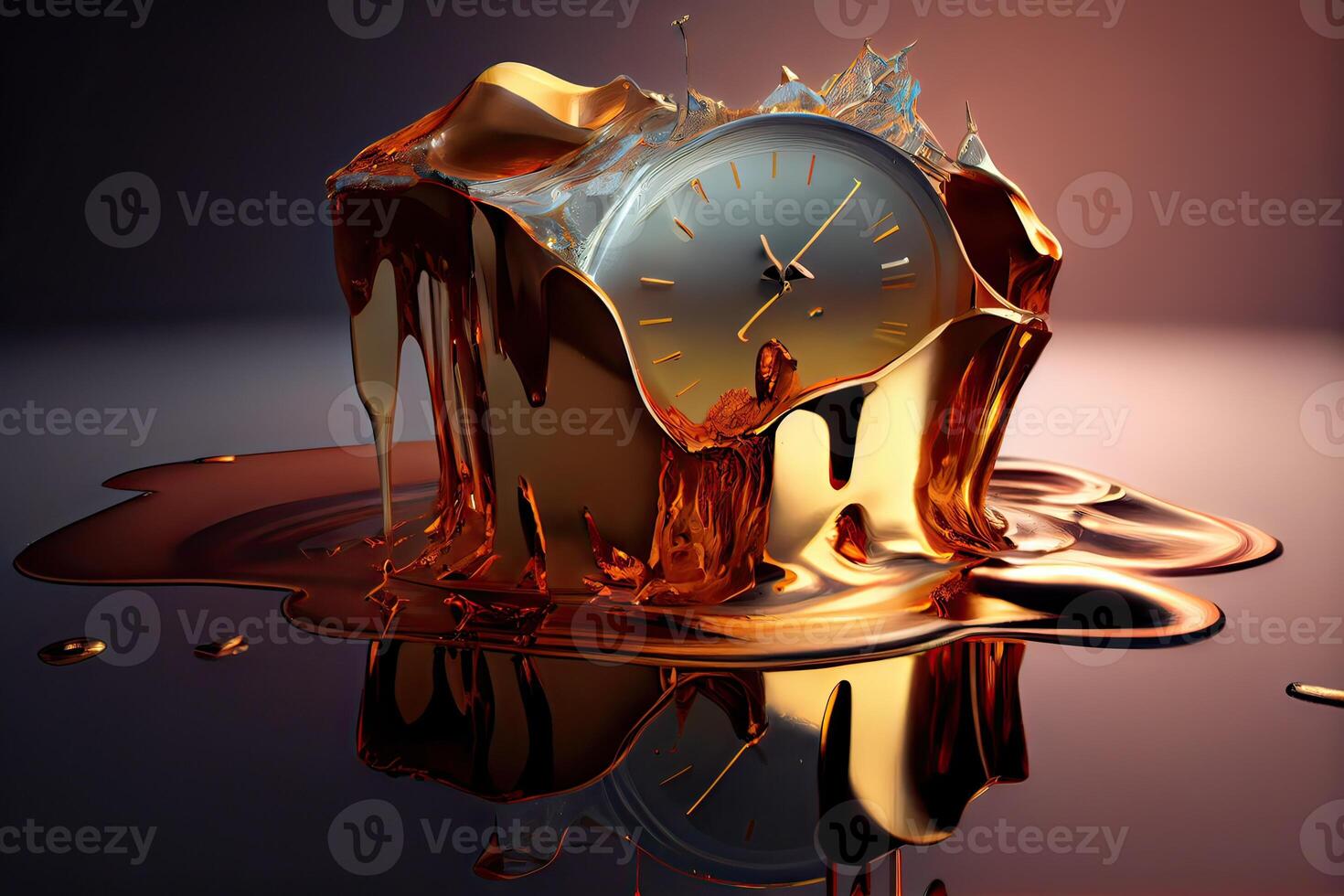 generativo ai ilustración de el espejismo de tiempo, un surrealista reloj hecho de dorado y mercurio materiales, derritiendo en un distorsionado y fluido conducta foto