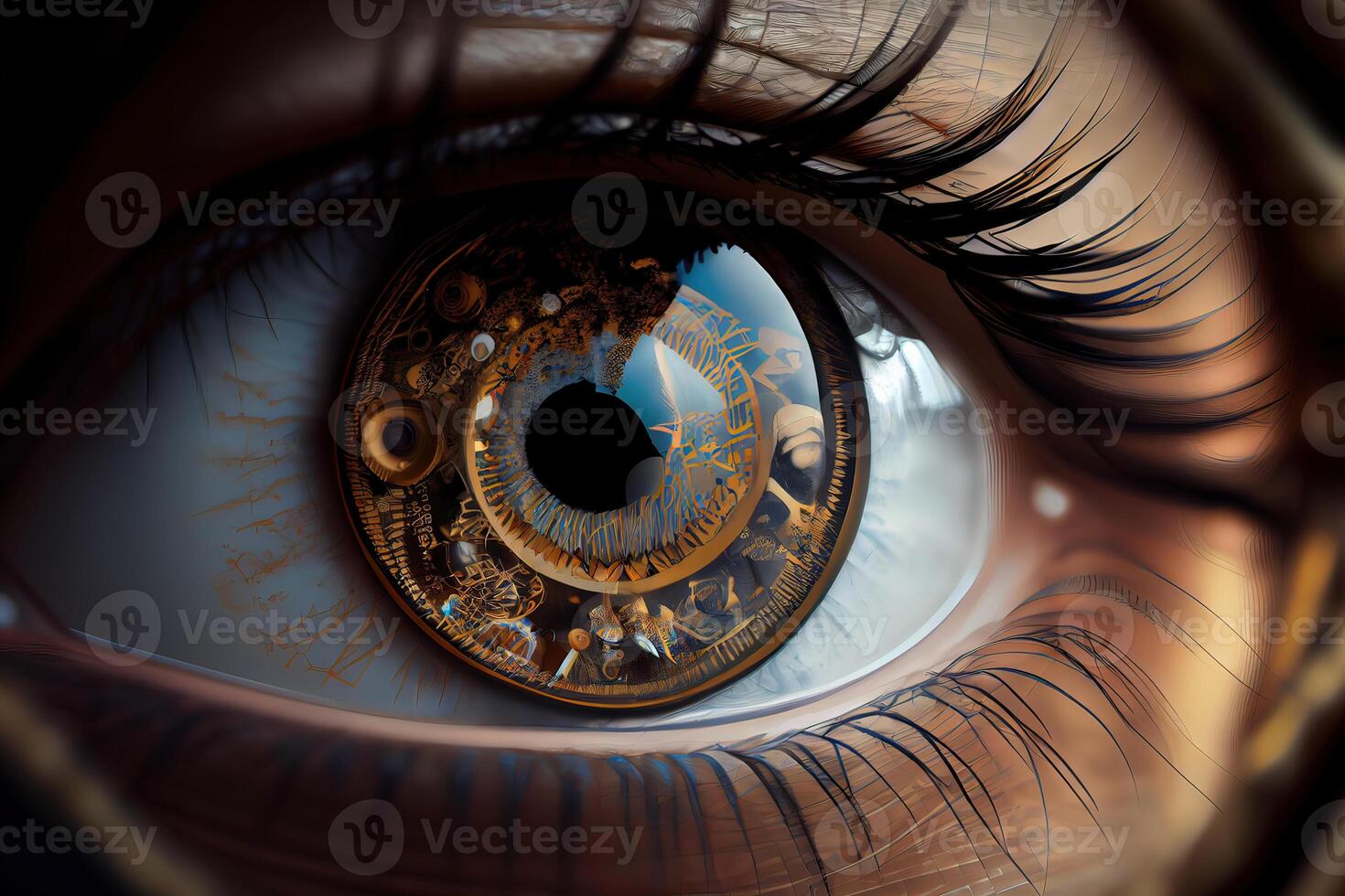 illustration of clockwork in an eye, temporal vision, close focus photo