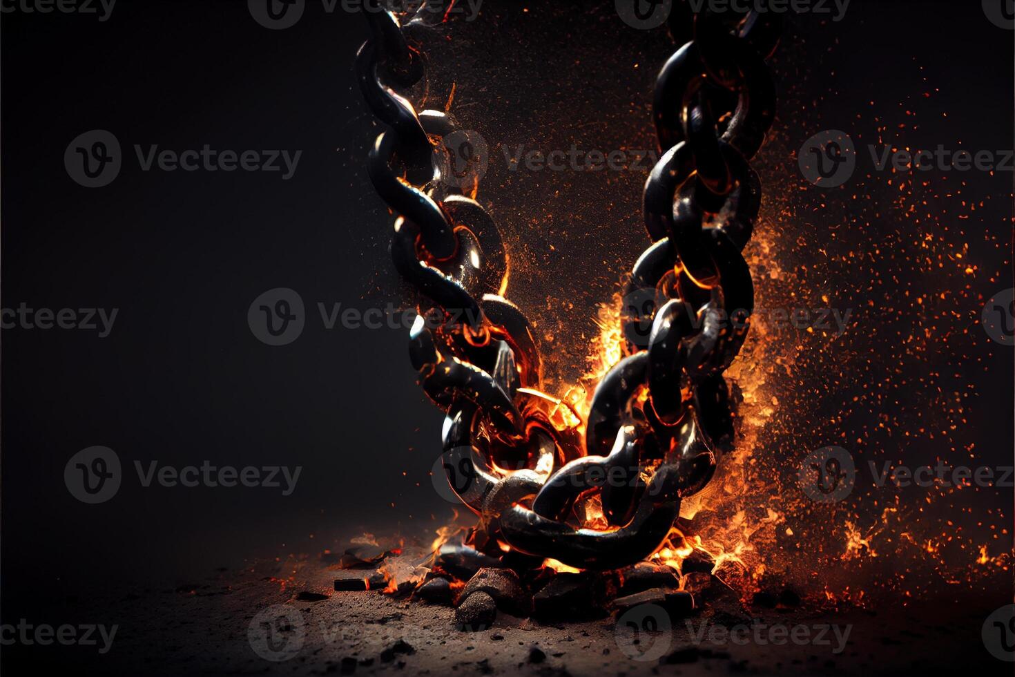 illustration of breaking steel chain with fire dust in dark background. Neural network generated art. photo