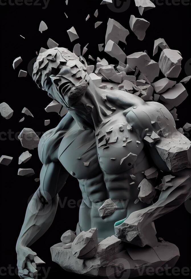 illustration of realistic stone man sculpture broken and pieces in black background. Motivation and surpassing yourself concept photo