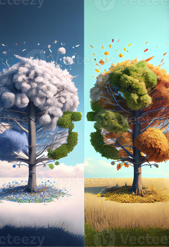 illustration of the four temporal seasons in one face, one frame, one tree. Nature concept. Digitally generated image photo