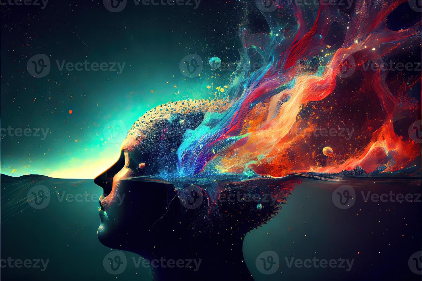 illustration of annual collective mind concept art, exploding mind, inner world, dreams, emotions, imagination and creative mind, the pouring energy of the universe photo