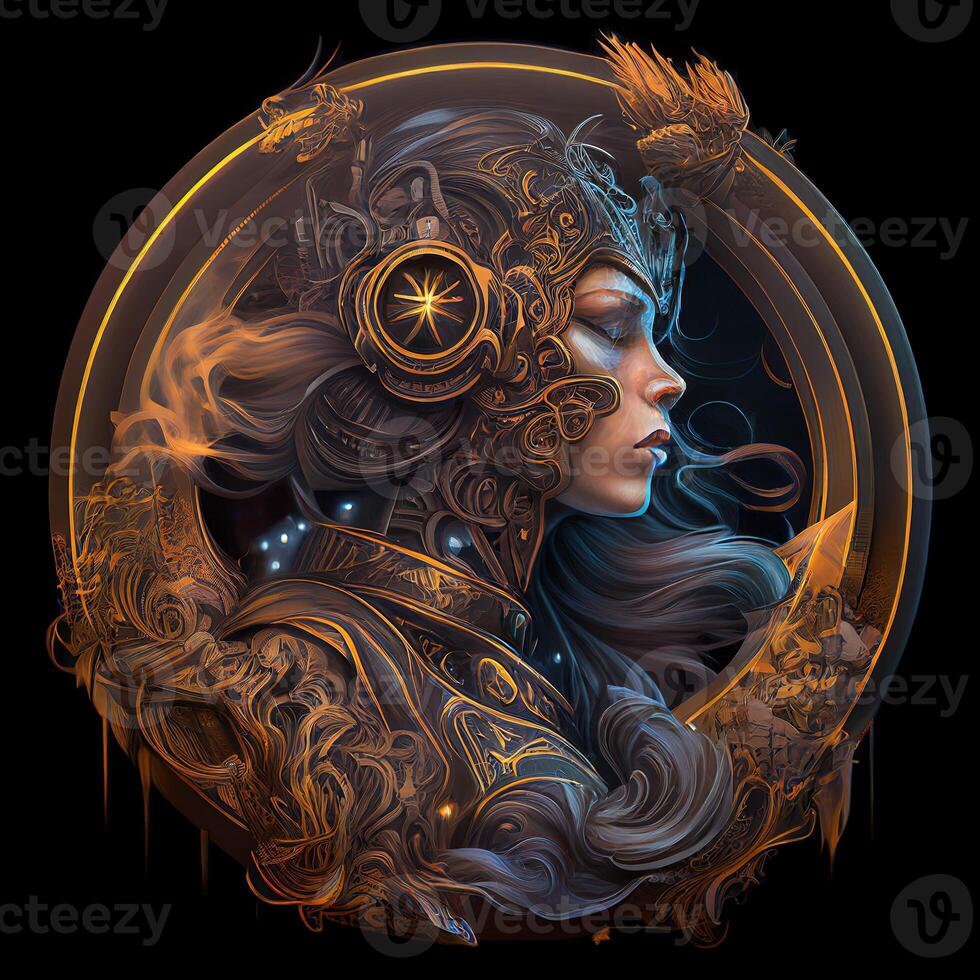 illustration of cyberpunk Zodiac sign with a industrial smoke, mechanic detail on shoulders, pollution, centered inside intricate gold and fire circle of city and Skyscrapers, steam punk photo