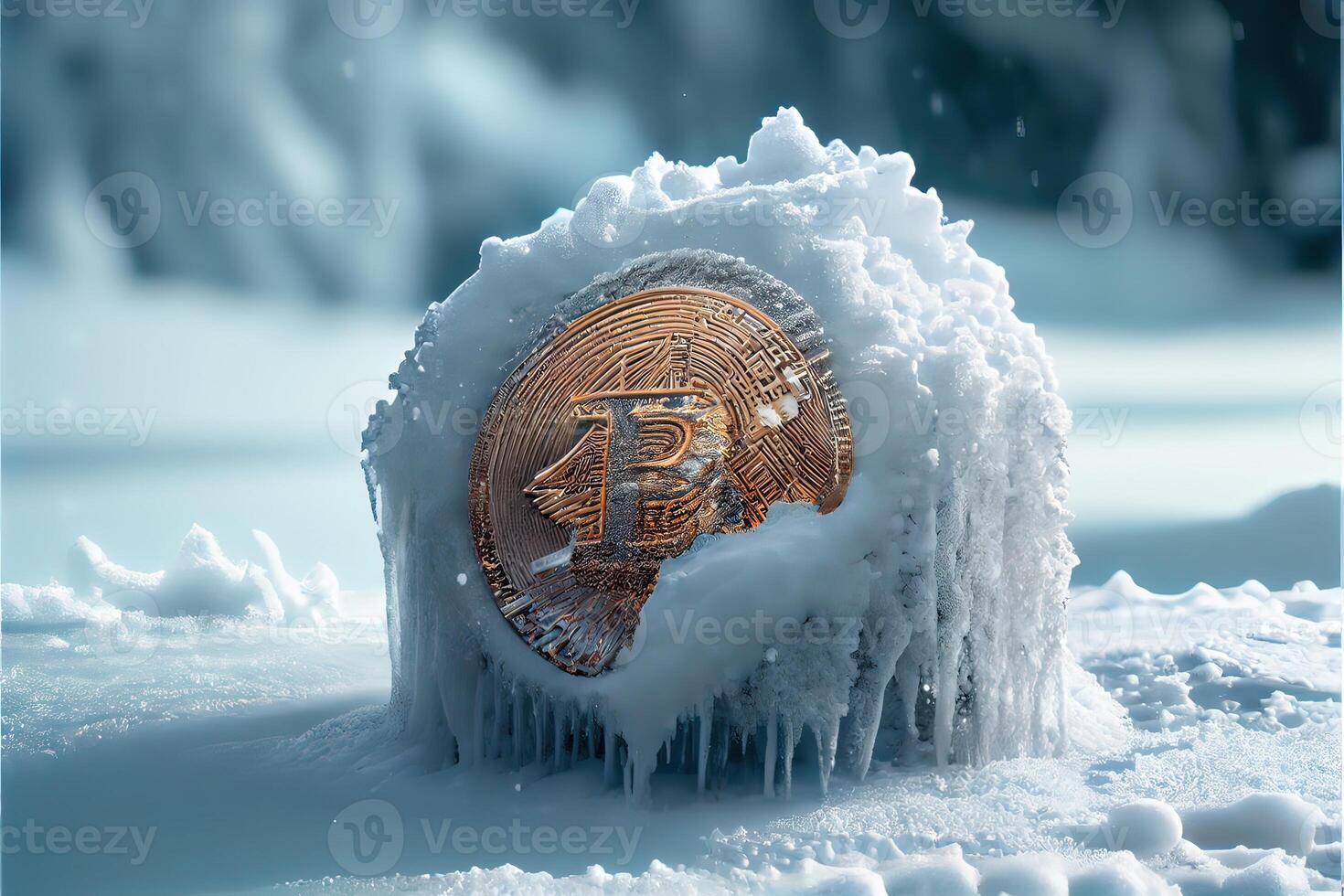 illustration of frozen bitcoin, cold and snow. Bit coin symbol in ice and snow photo