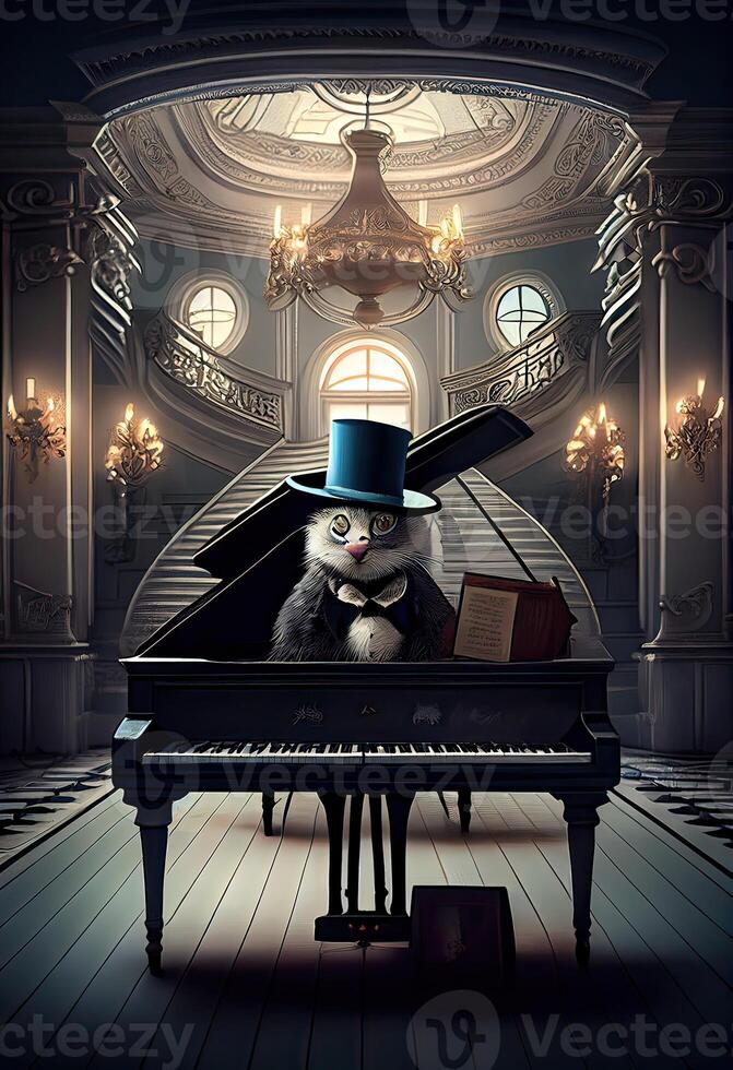 generativo ai ilustración de un surrealista digital Arte de un gato vistiendo un parte superior sombrero jugando el grandioso piano foto