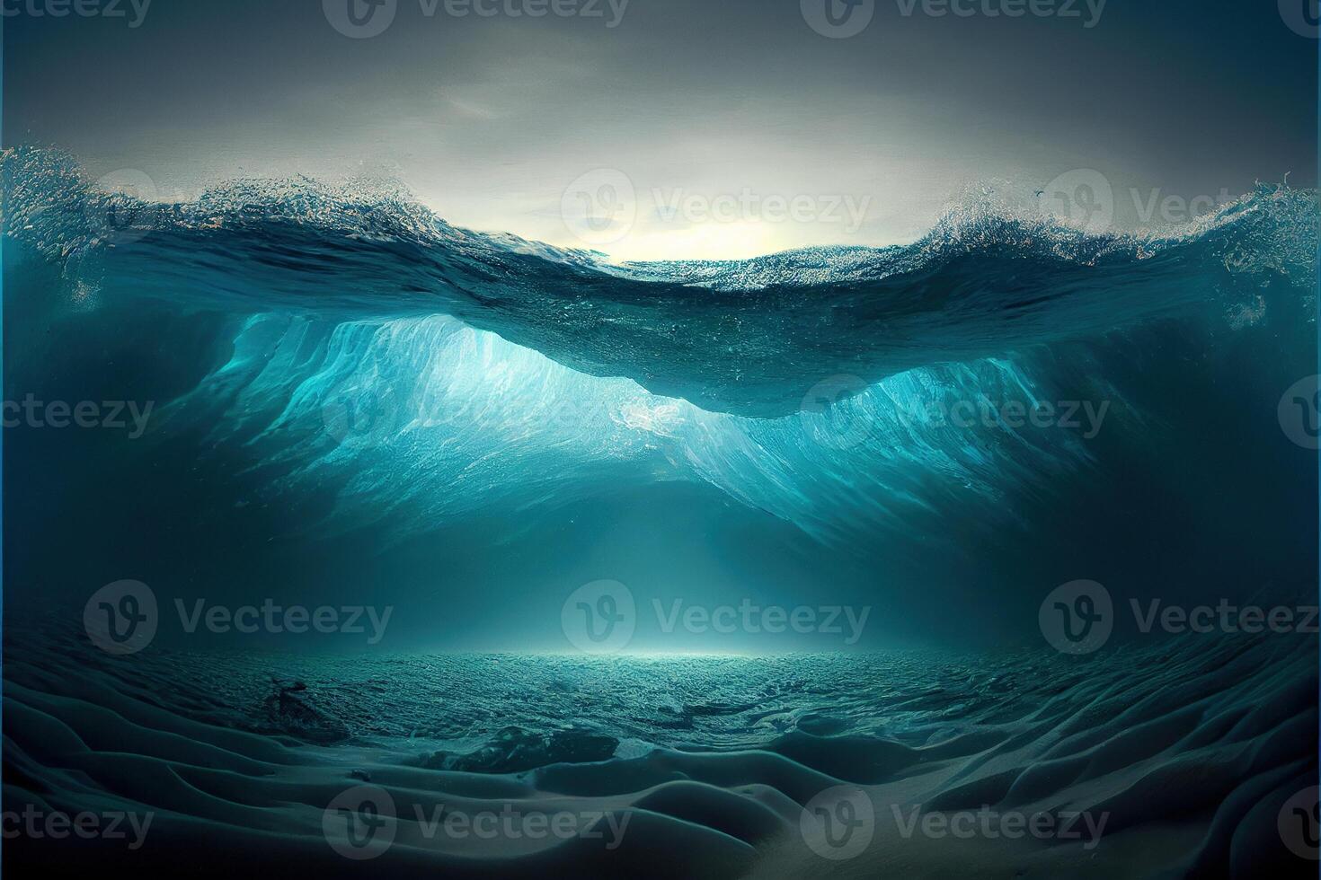 illustration of Ocean depth. Underwater empty landscape, ocean bottom, sea wave photo