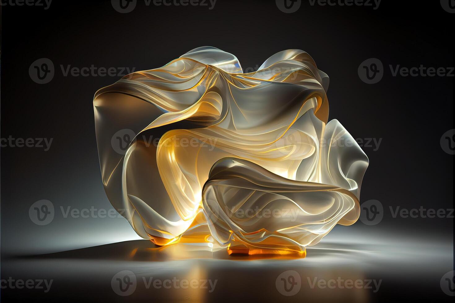 illustration of levitating moving twisting translucent cloth covering glowing objects in dark background photo