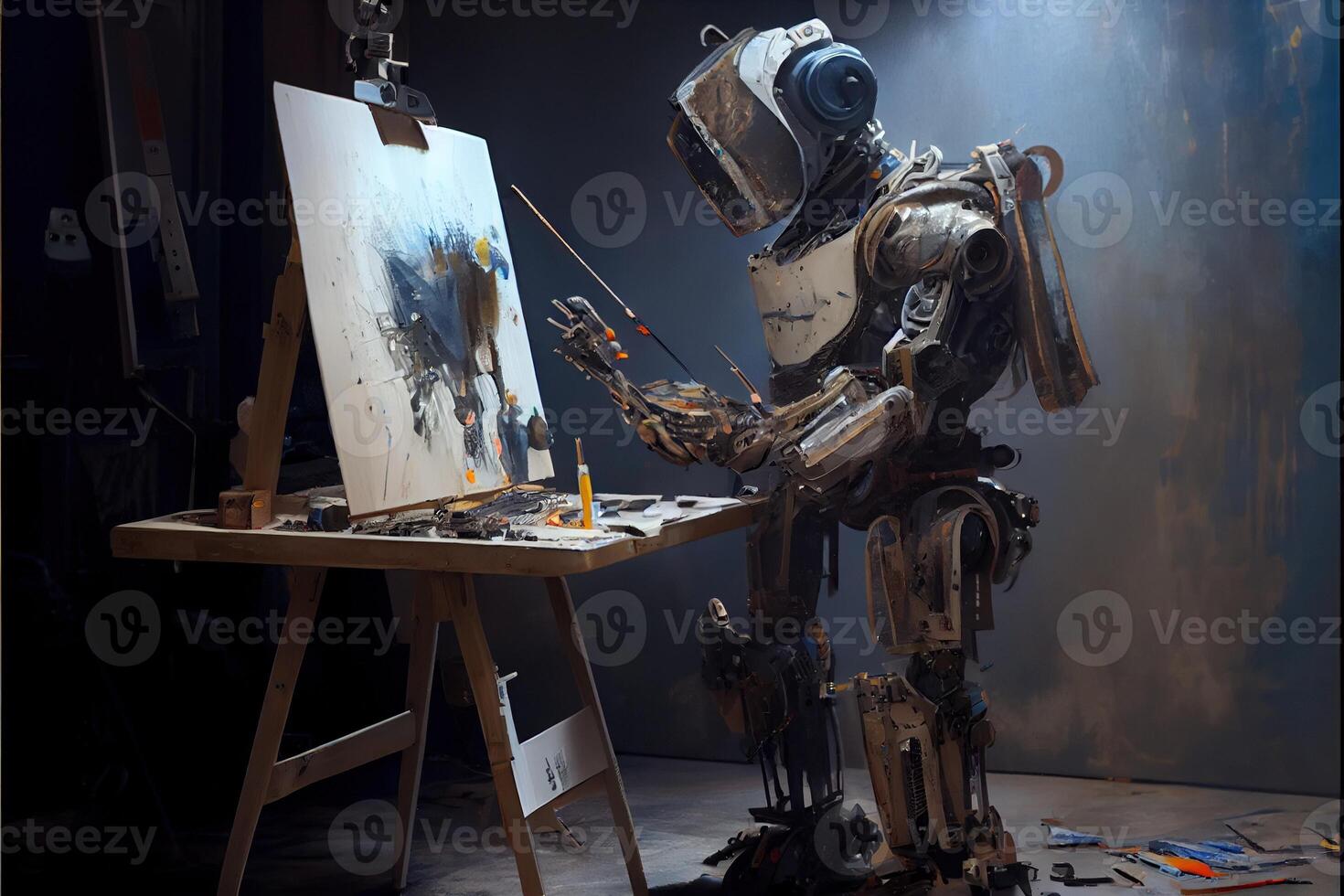 illustration of Cyborg Ai robot artist in dark studio next to his easel, painting and paints while working, neural network generated art. Digitally painting, generated image. photo