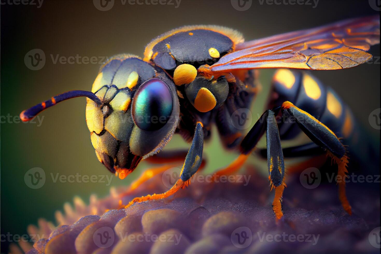 generativo ai ilustración de súper macro retrato de un avispa en un negro antecedentes. cara completa macro fotografía. grande profundidad de campo y un lote de detalles de el insecto. foto