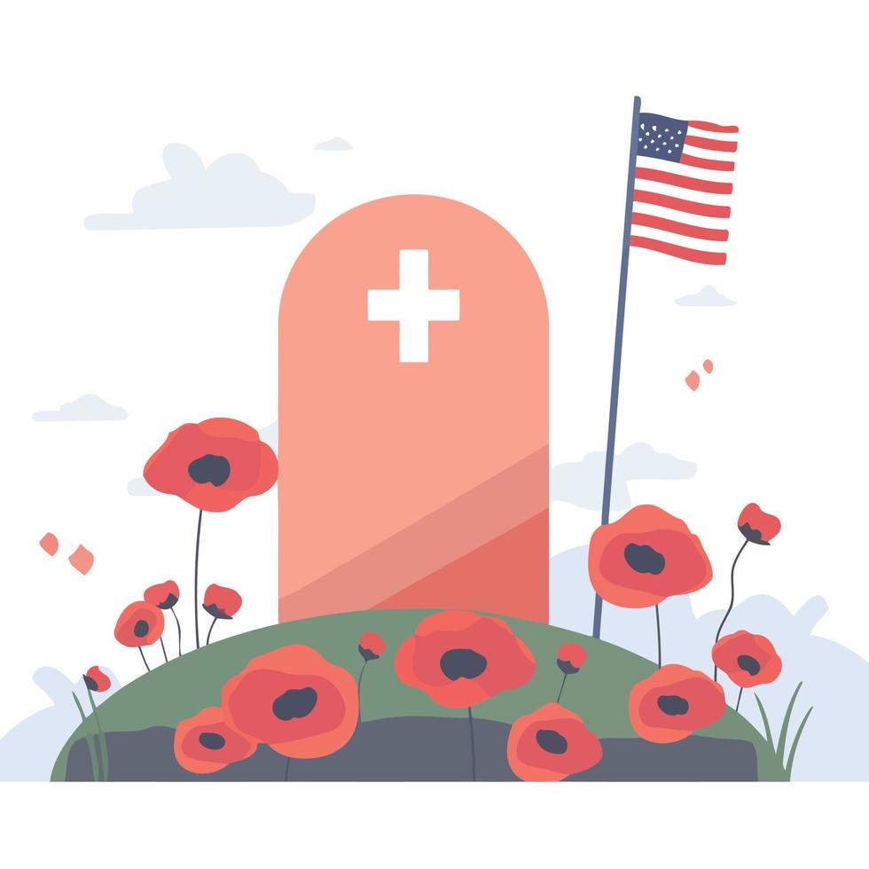 grave in cemetery with red flowers and flag of the united states vector