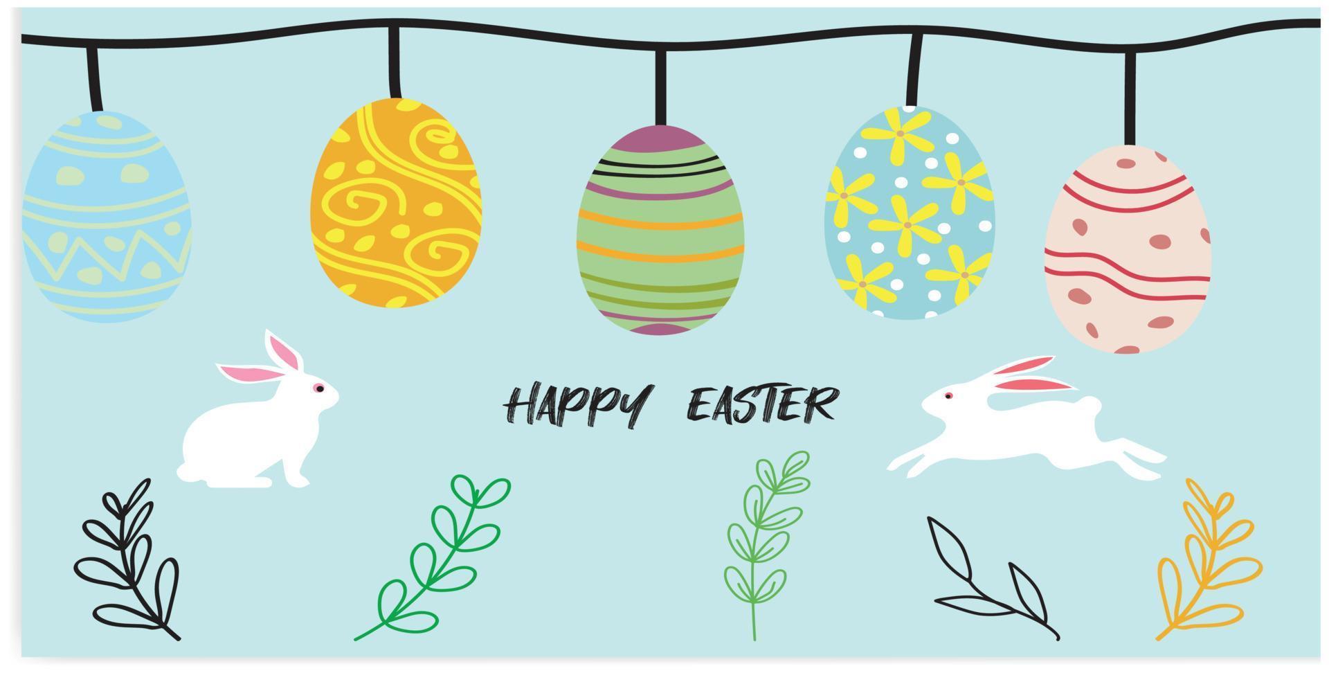 Vector Illustration of Happy Easter Holiday with Painted Egg, Rabbit Ears and Flower on Shiny Blue Background. International Celebration Design with Typography for Greeting Card, Party Invitation or