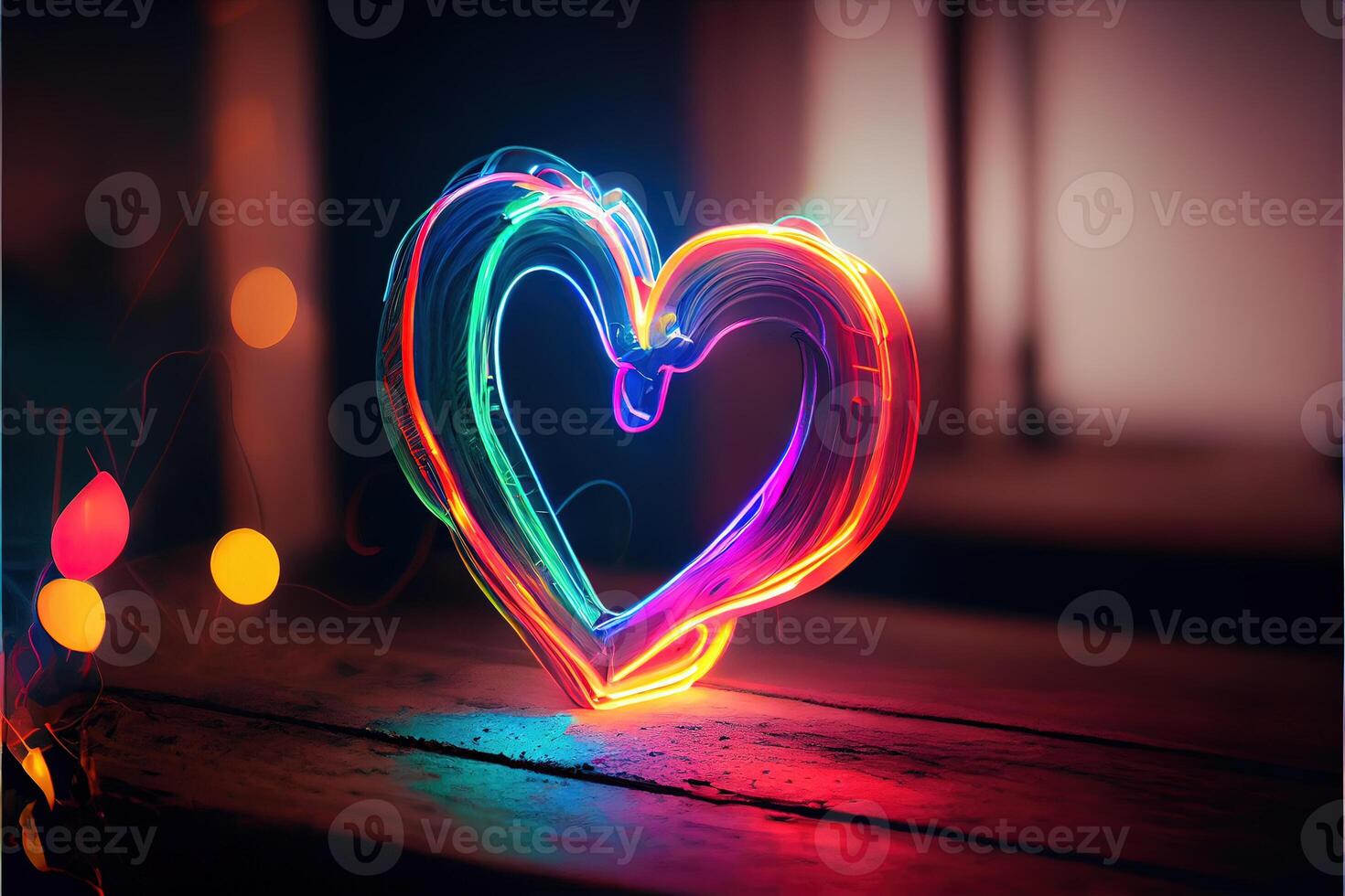 illustration of love heart neon light, decor, bright light, romantic. Love and valentine day concept. Neural network generated art. Digitally generated image. photo