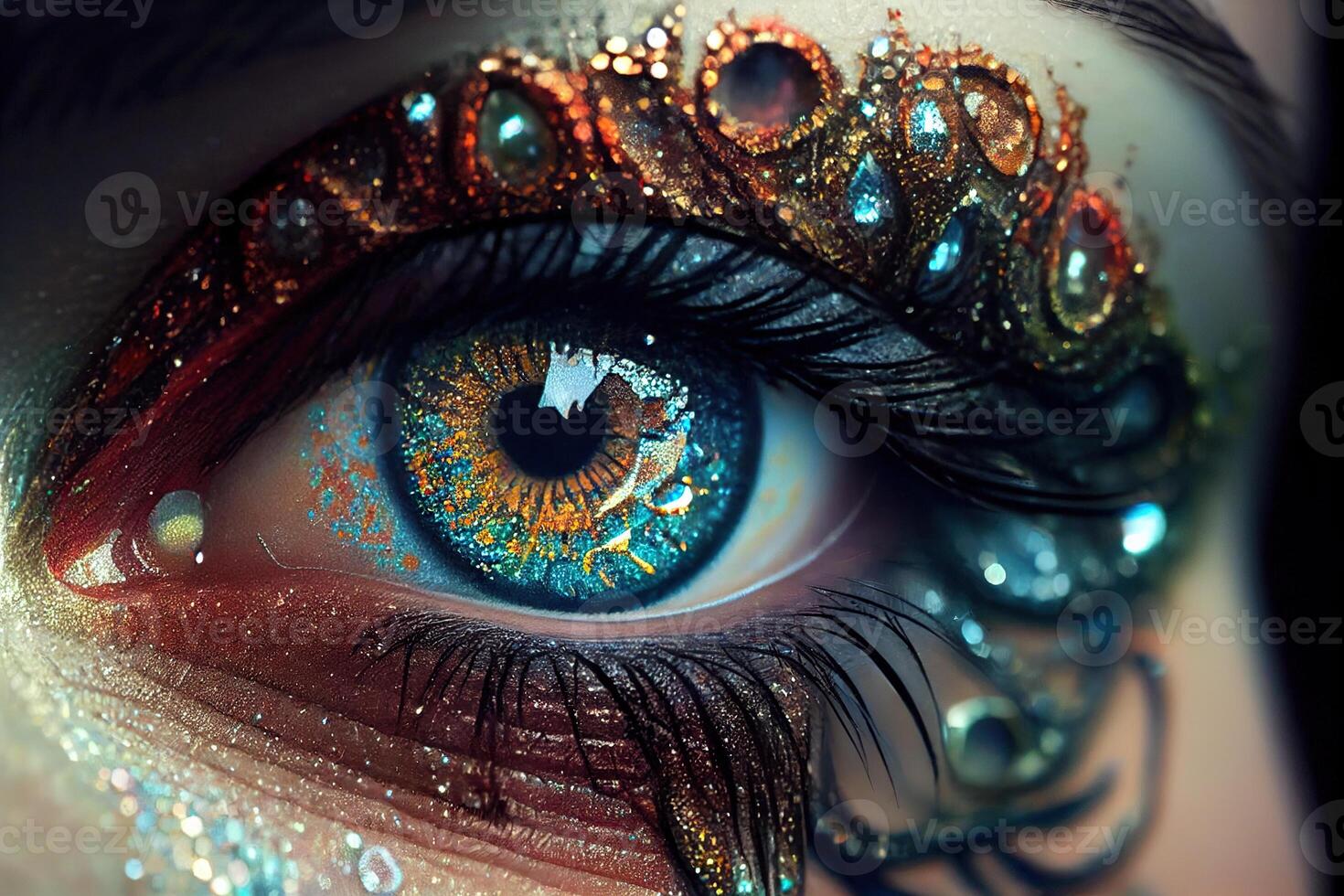 illustration of beautiful female eyes with carnival glass sparkly eyeshadow. Close focus. photo