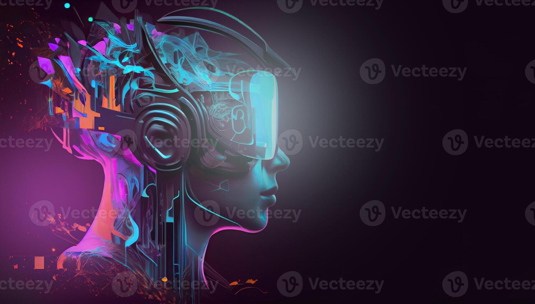 illustration of Metaverse concept and virtual world elements. Side view of human face in augmented or virtual reality headset inside the metaverse photo