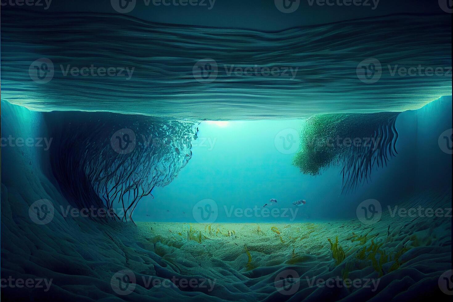 illustration of Ocean depth. Underwater empty landscape, ocean bottom, sea wave photo