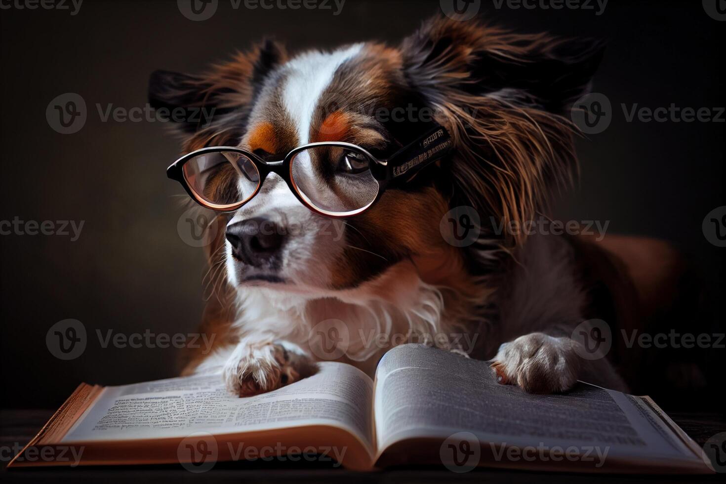 illustration of Intelligent serious dog in glasses reading a book, volumn light photo