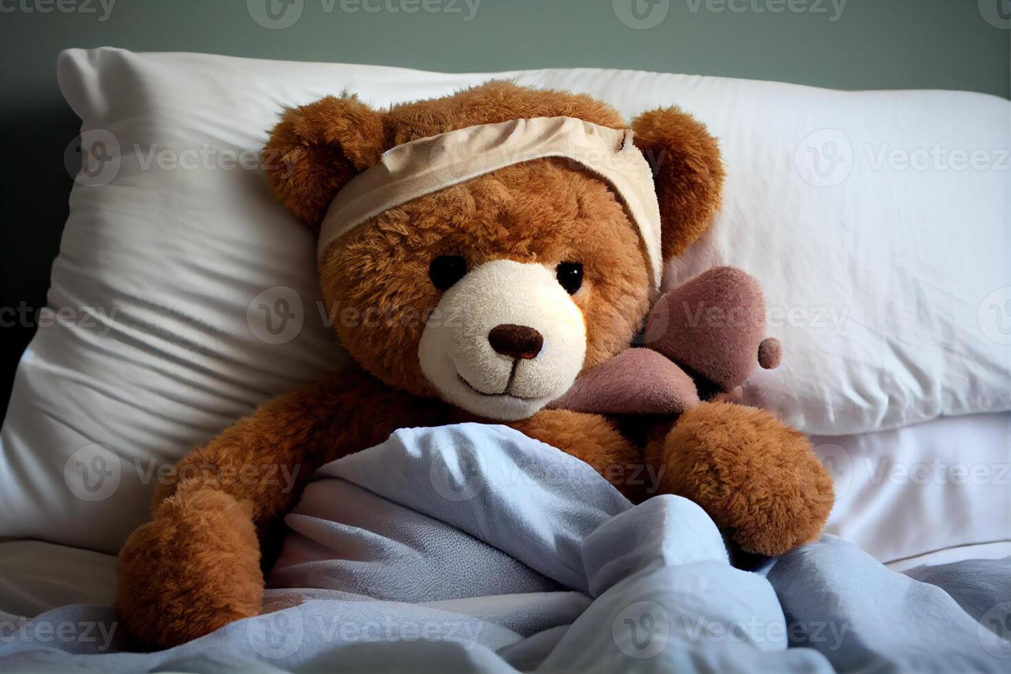 illustration of a teddy bear laying in bed and feeling sick photo