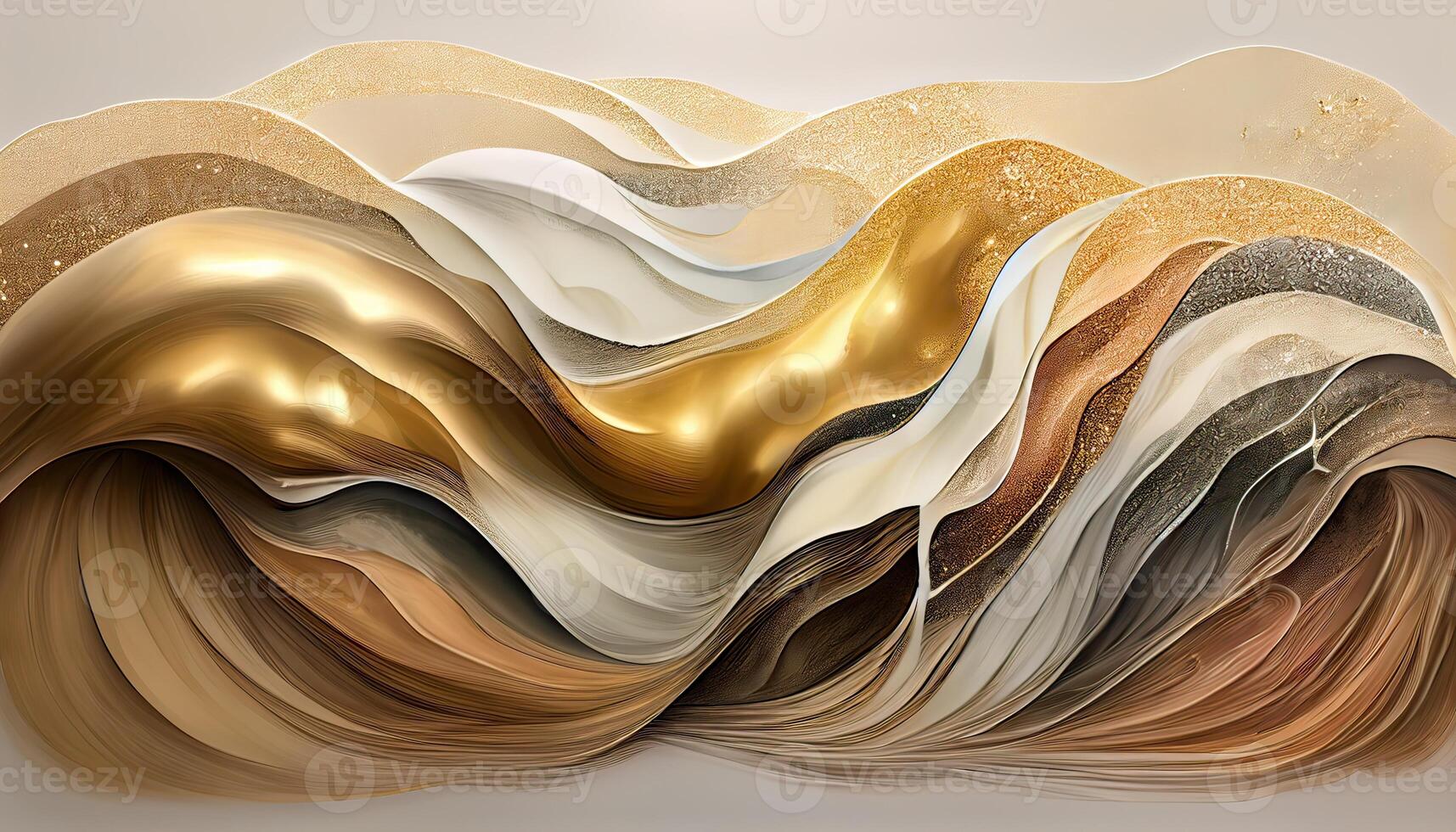 illustration of abstract fluid composing waves of varying sizes and colors is divided into layers, taupe, ivory, white, beige, and soft gold colors, gold glitter photo