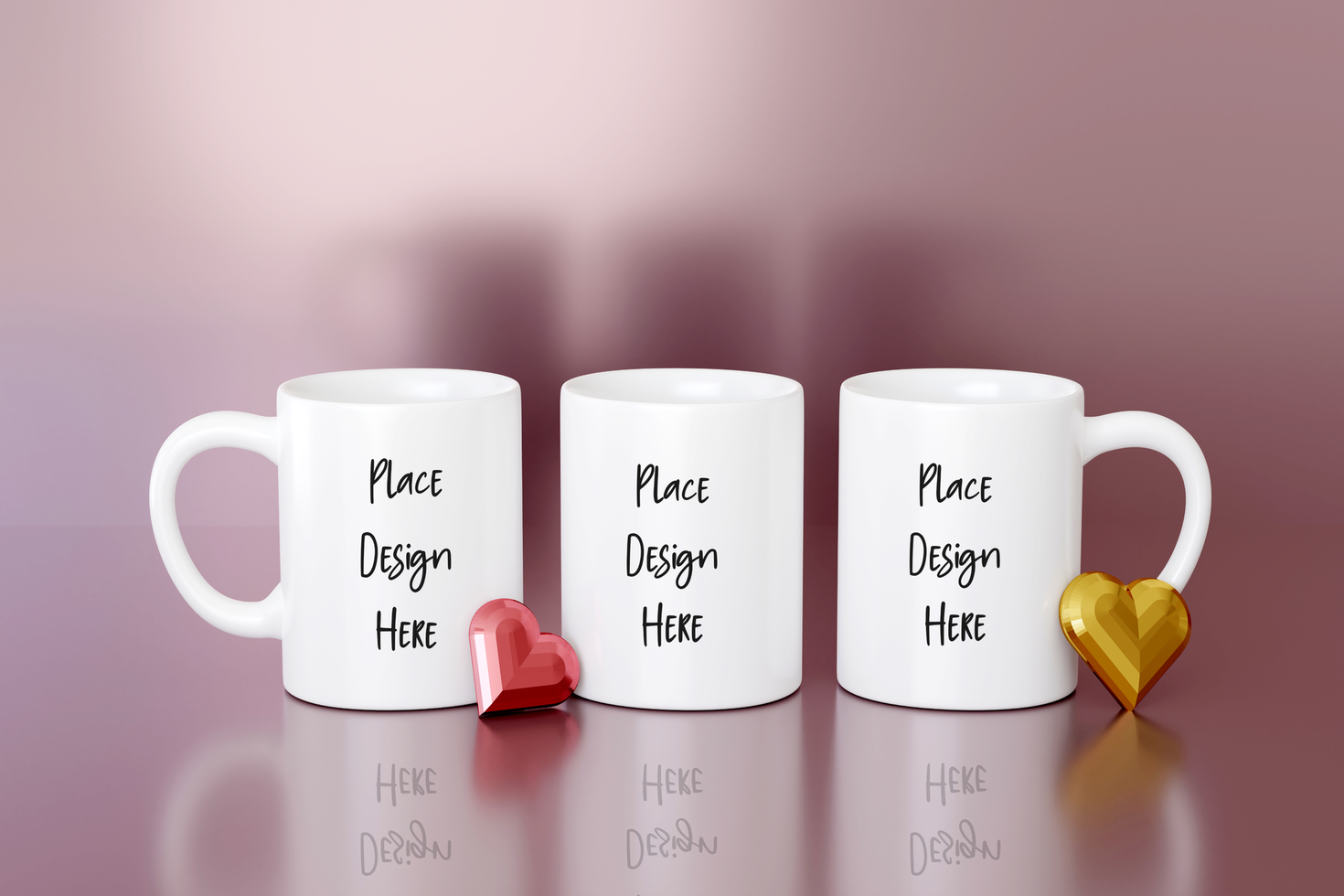 3 Becher Attrappe, Lehrmodell, Simulation zum 3 Seiten drucken Präsentation auf Rosa Hintergrund mit Gold Herz. Tee Tasse Design Präsentation zum Valentinsgrüße psd