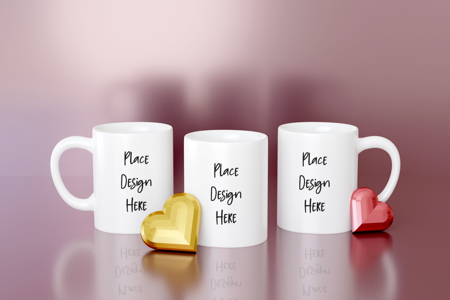 All sides mug mockup for Valentines or Mothers Day banner. Tea cups on pink background with hearts psd