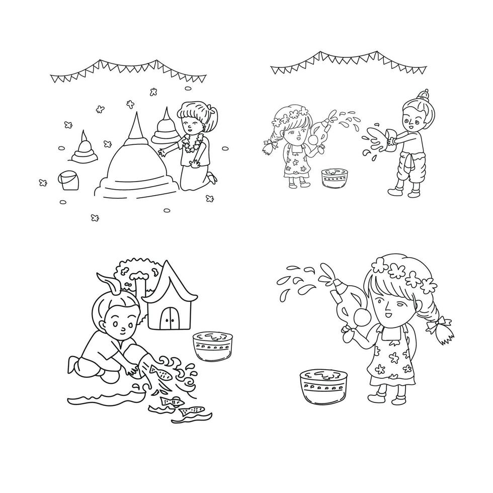 happy songkran festival line art vector