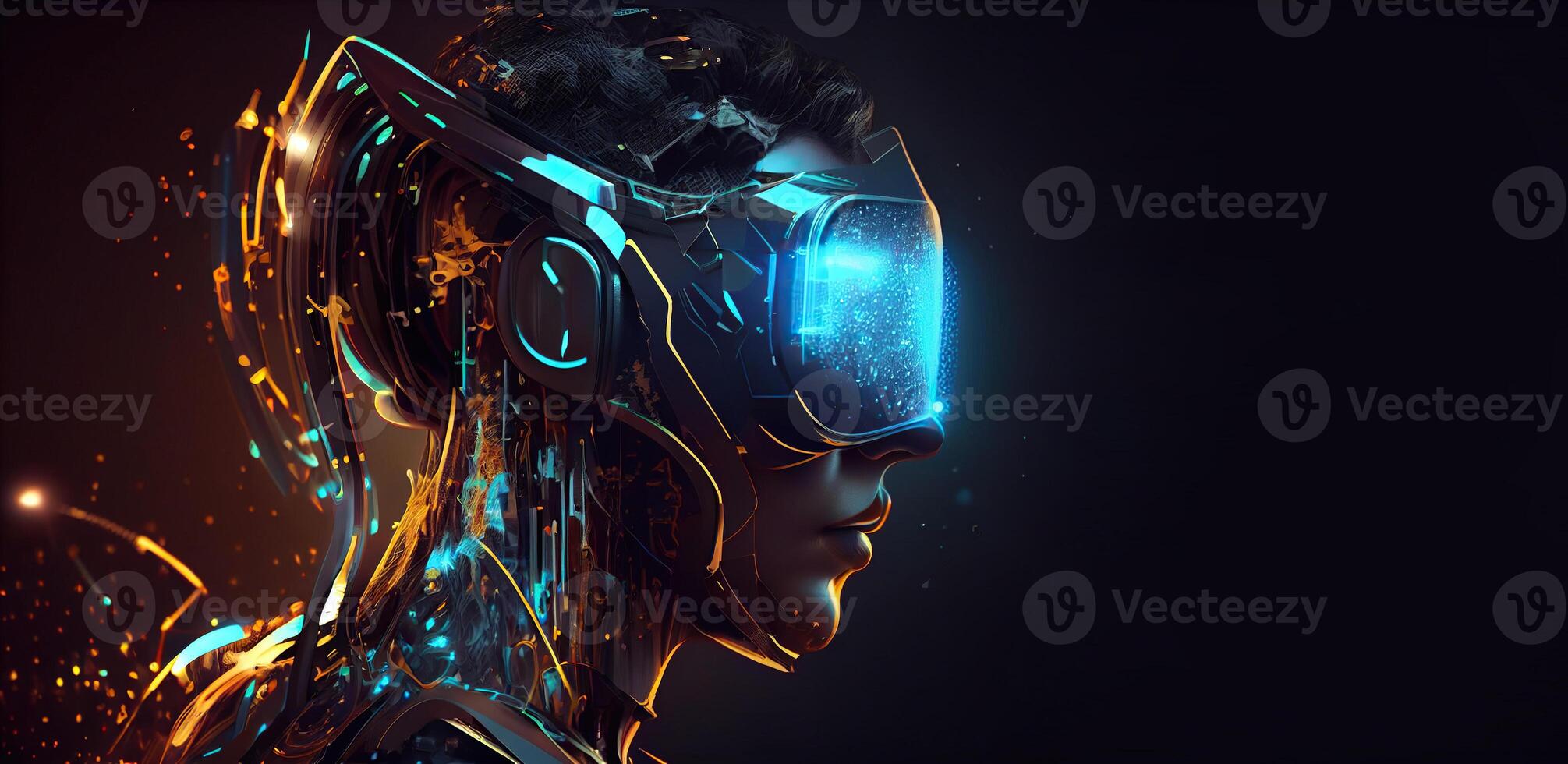 illustration of Metaverse concept and virtual world elements. Side view of human face in augmented or virtual reality headset inside the metaverse photo