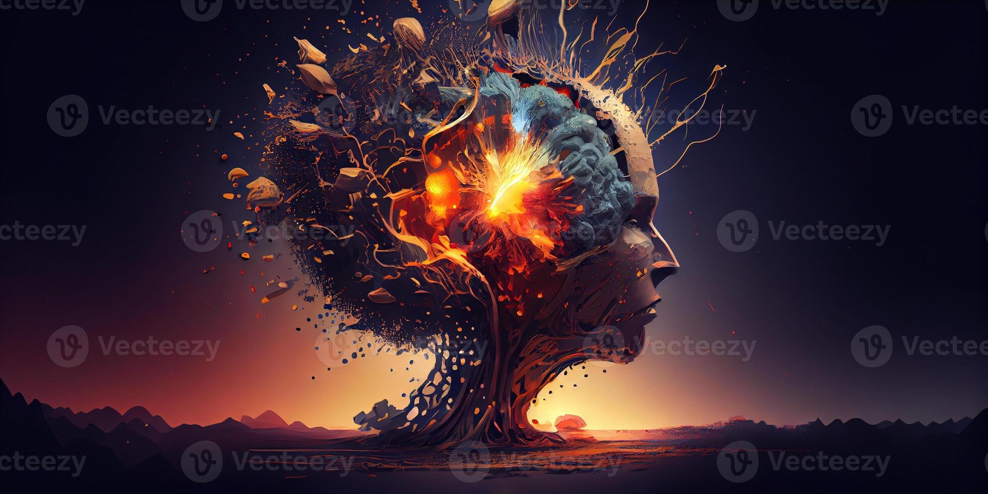 illustration of annual collective mind concept art, exploding mind, inner world, dreams, emotions, imagination and creative mind concept photo