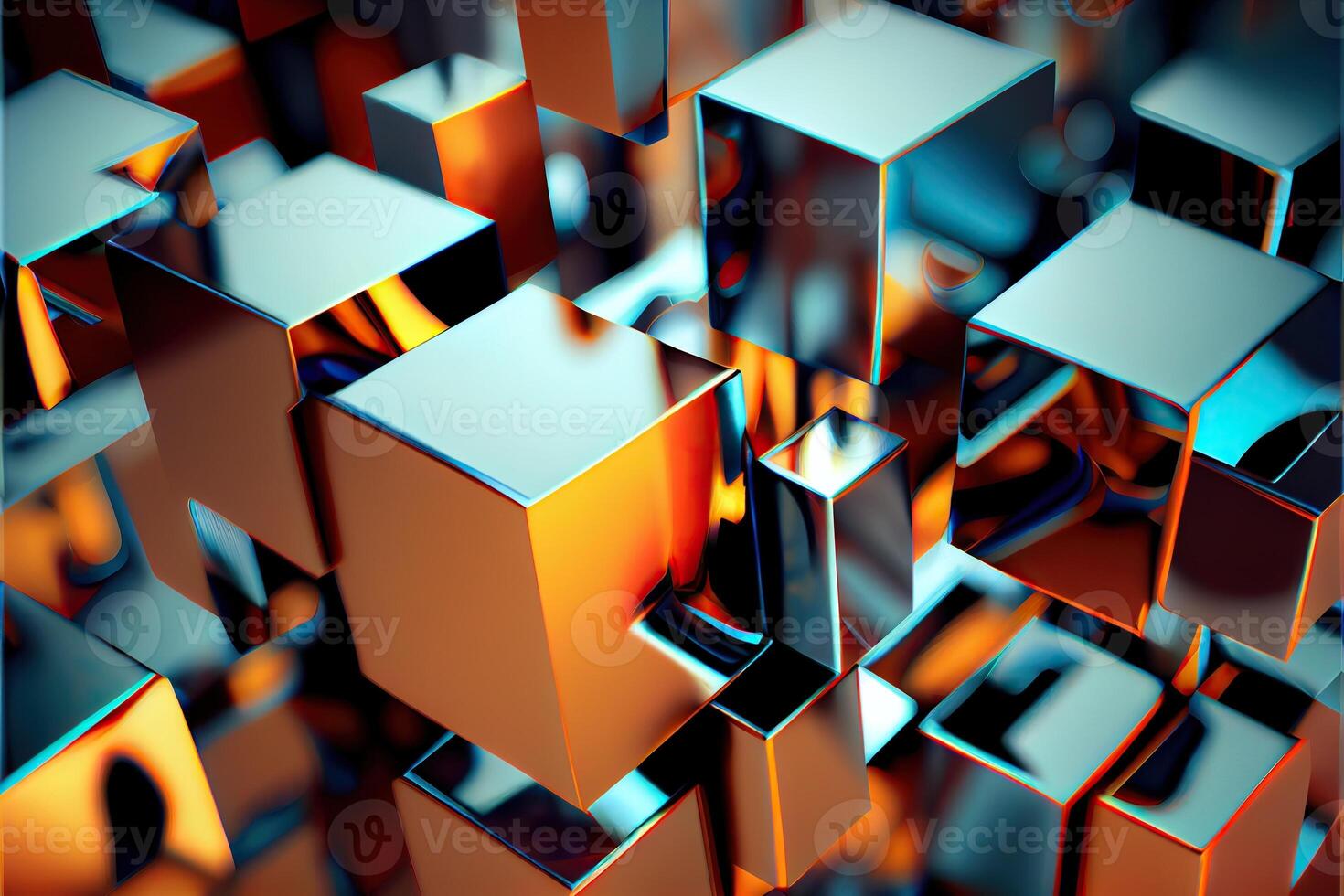 illustration of digital cubic abstract background of color, metal squares, reflection photo