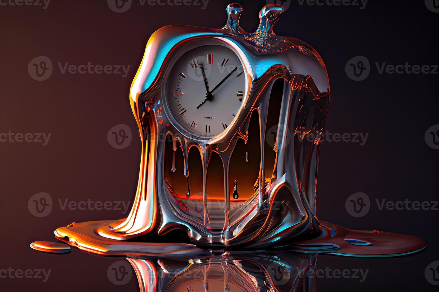 illustration of the illusion of time, a surreal clock made of golden and mercury materials, melting in a distorted and fluid manner photo