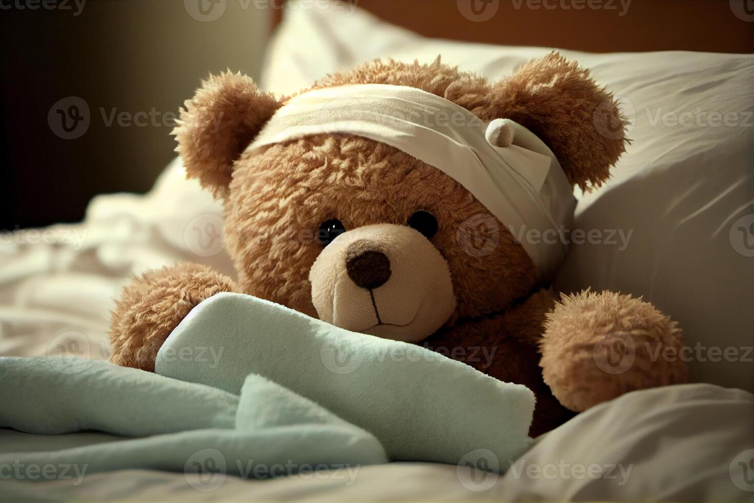 illustration of a teddy bear laying in bed and feeling sick photo