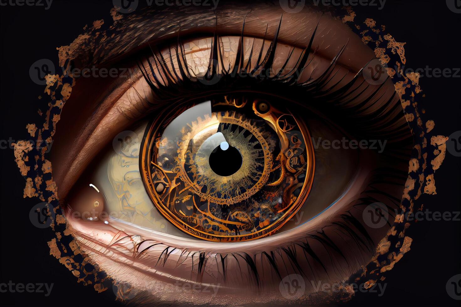 illustration of clockwork in an eye, temporal vision, close focus photo