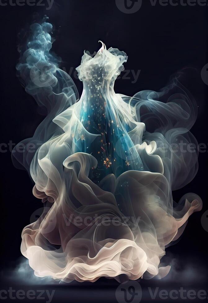 illustration of Fashion design, dress made from clouds, smoke, mist, shining, spark, sparkling, flora background, bright, cloth folds wave air, glowing, fairy, full length dress photo