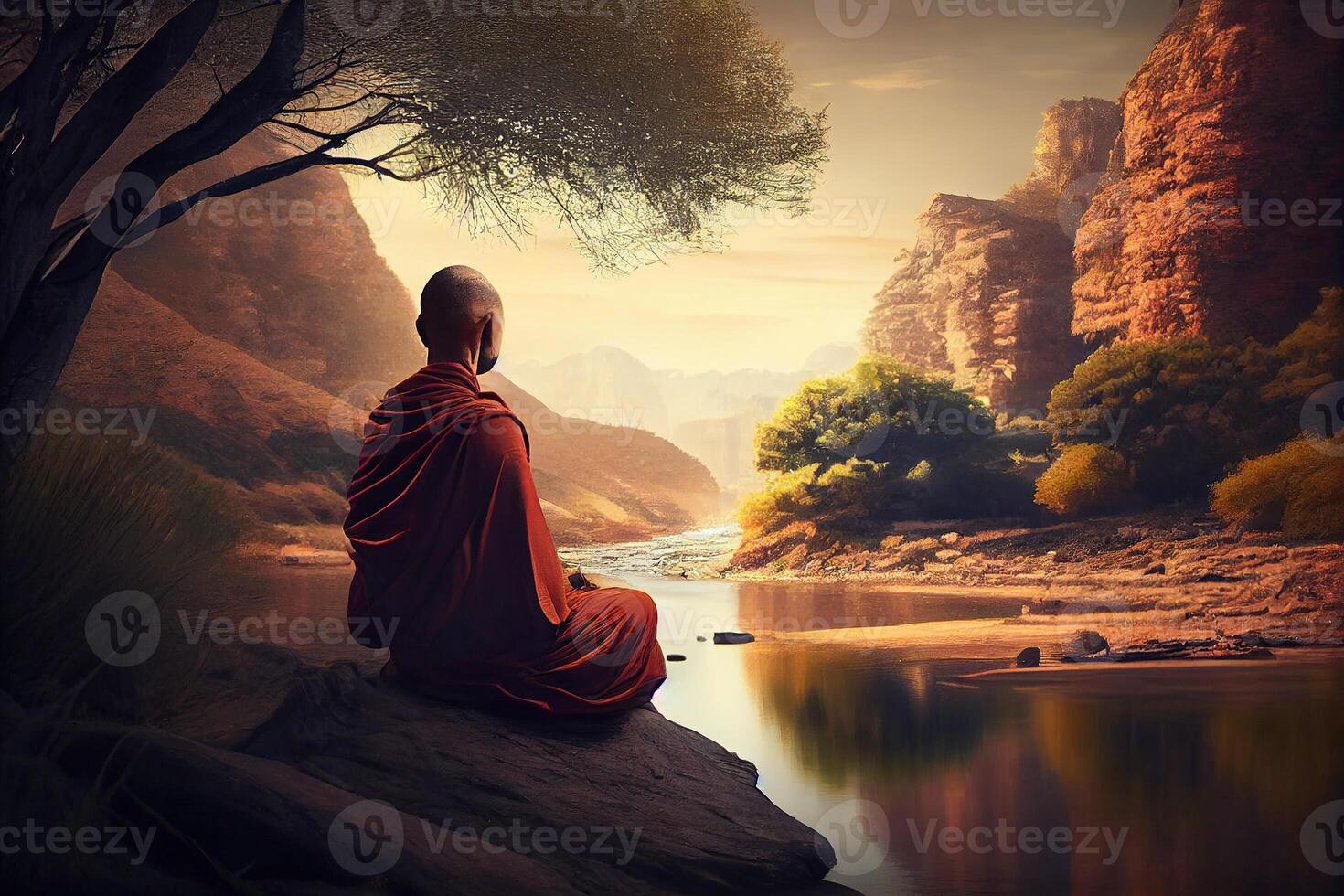 Illustration of buddhist monk in meditation beside the river with